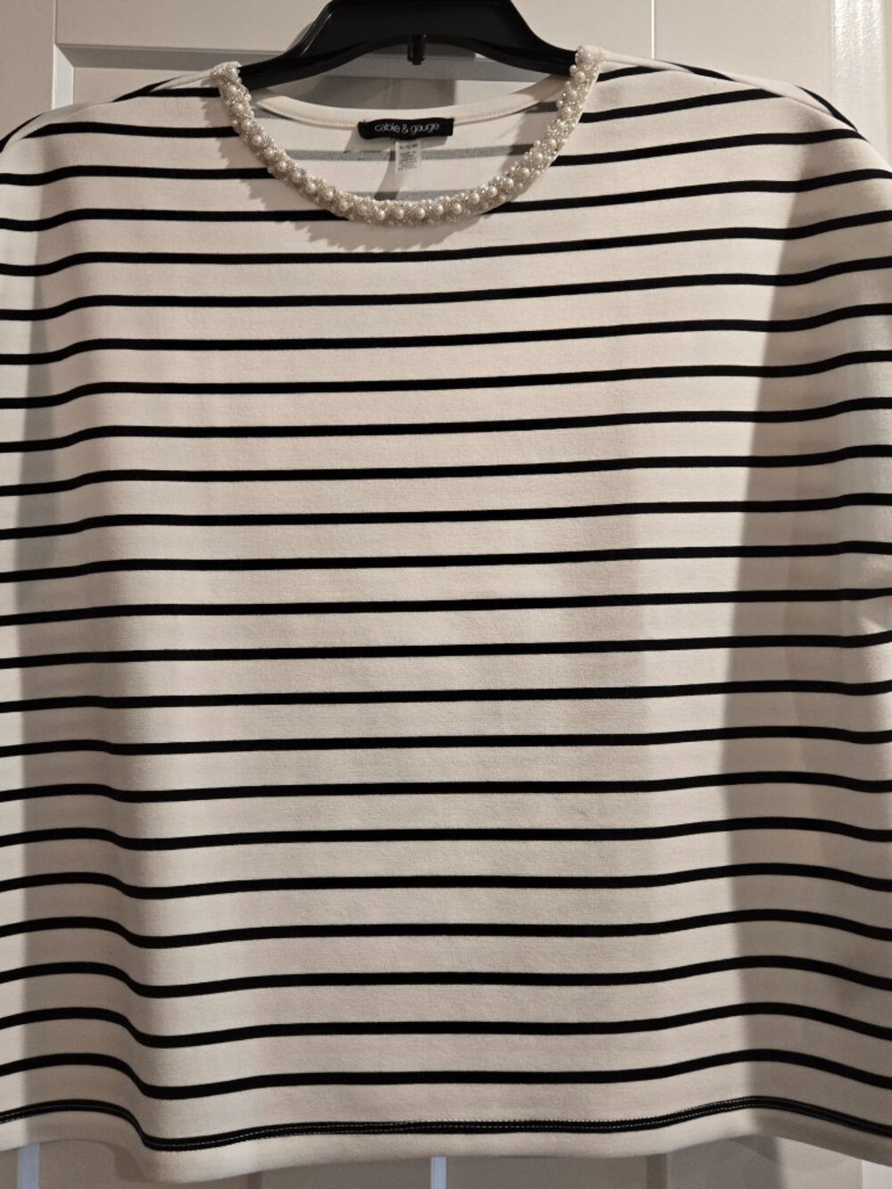 Cable & Gauge Pearl Neckline Striped Top XL Women Black White Short Sleeve